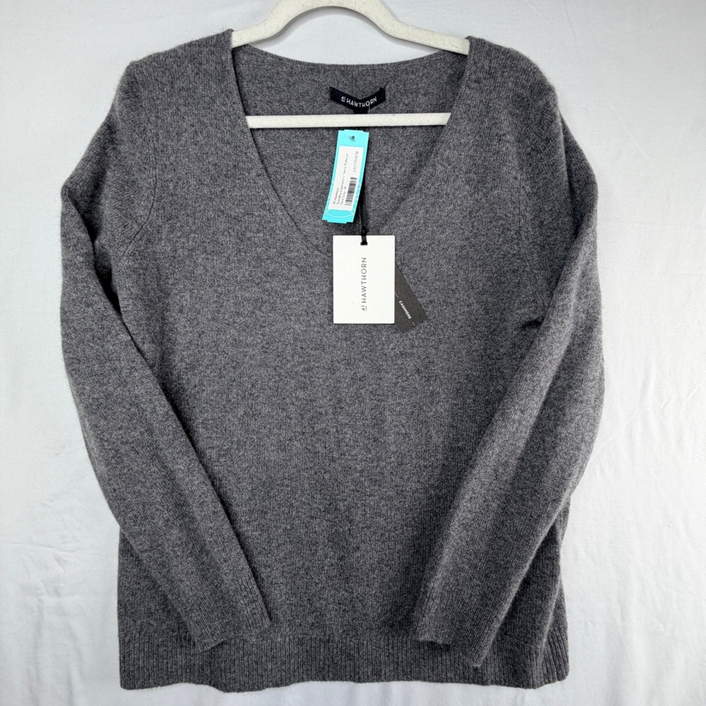 41 Hawthorn Shandley Cashmere V Neck Pullover Sweater Dark Grey Womens M New